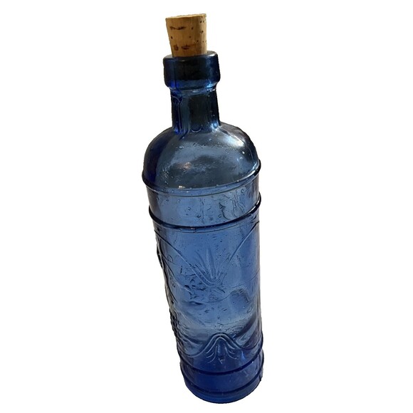 Vintage Cobalt Blue Glass Bottle Decanter Grape Embossed Wine Oil 12in Cork Stop - Picture 2 of 3